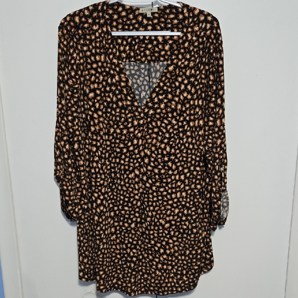Beacon Leopard Print Blouse 3X Black Tan 3/4 Sleeve V Neck Plus Size Top
